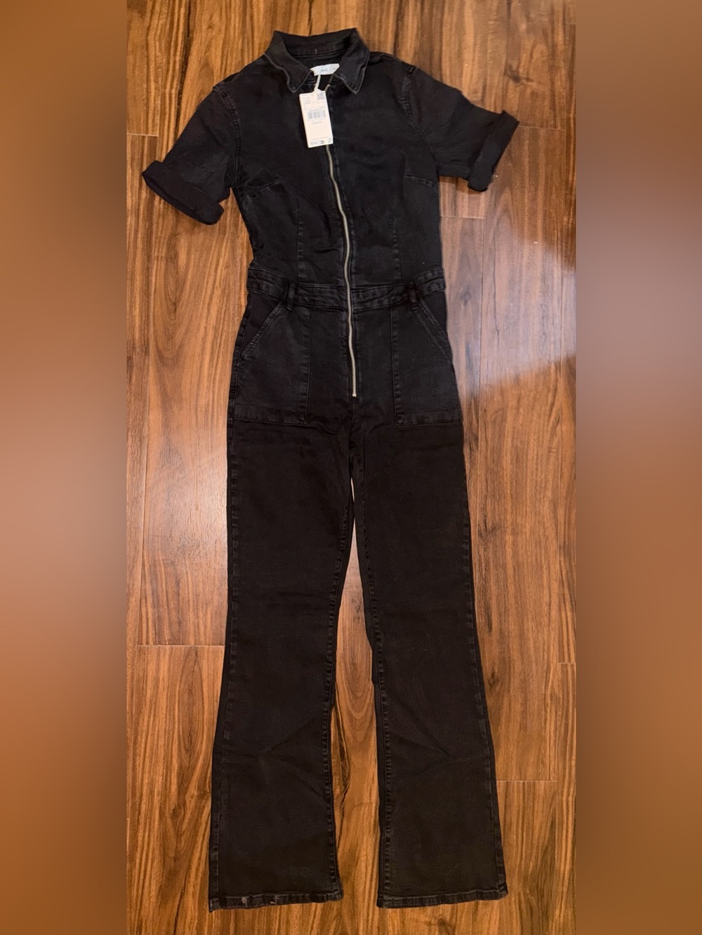 Mango Black Short-Sleeve Zip-Front Denim Jumpsuit